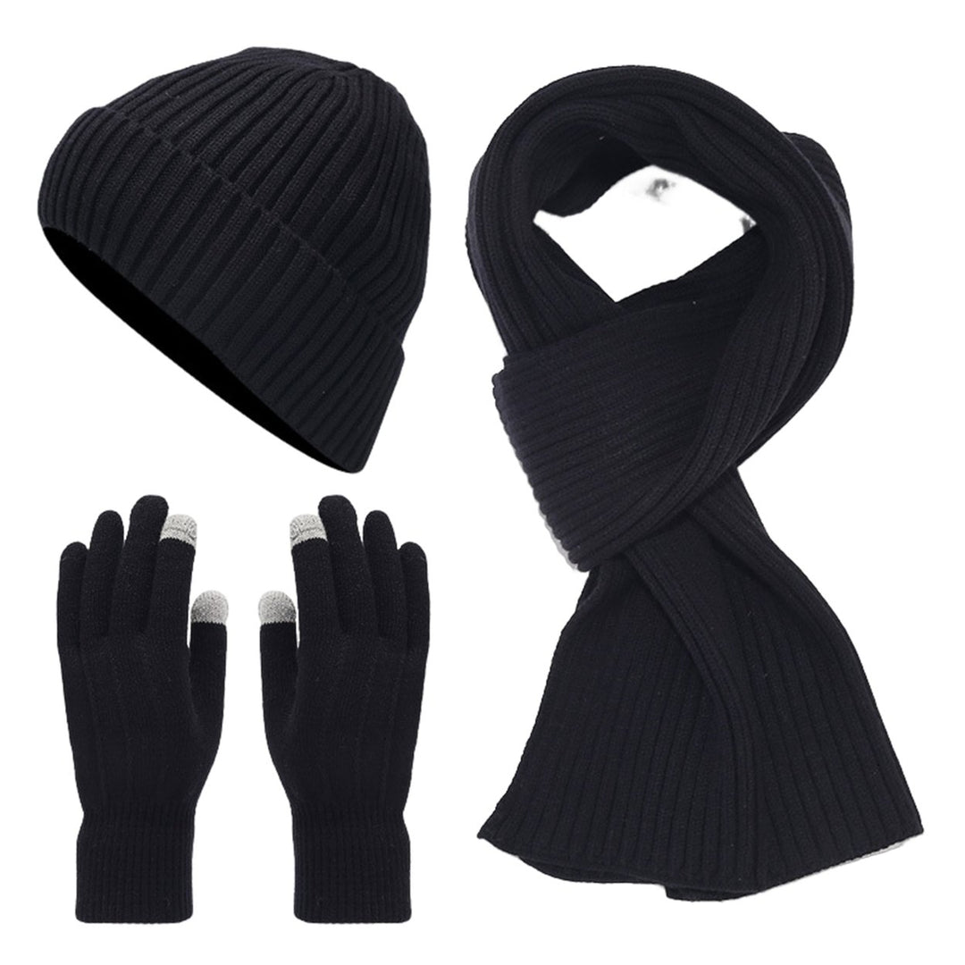 3Pcs/Set Unisex Winter Beanie Hat Long Scarf Touch Screen Gloves Set Solid Color Ribbed Texture Warm Knit Scarf Mittens Image 1