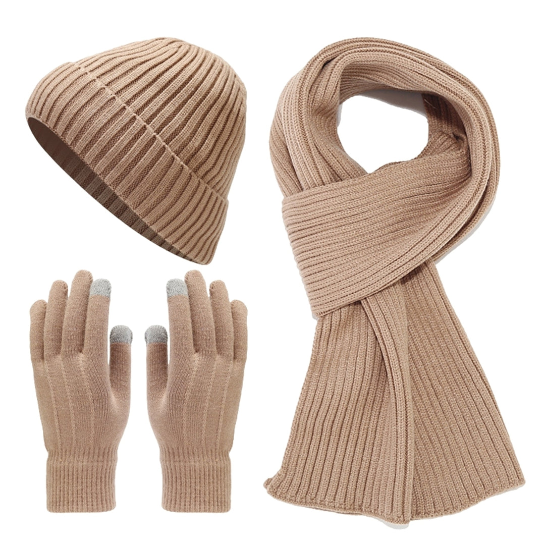 3Pcs/Set Unisex Winter Beanie Hat Long Scarf Touch Screen Gloves Set Solid Color Ribbed Texture Warm Knit Scarf Mittens Image 10