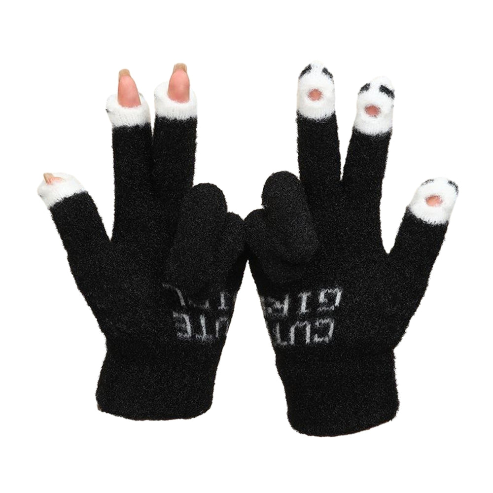 1 Pair Warm Plush Gloves Cutout Finger Tips Thick Plush Funny Cartoon Face Knitted Soft Elastic Anti-slip Warm Touch Image 2