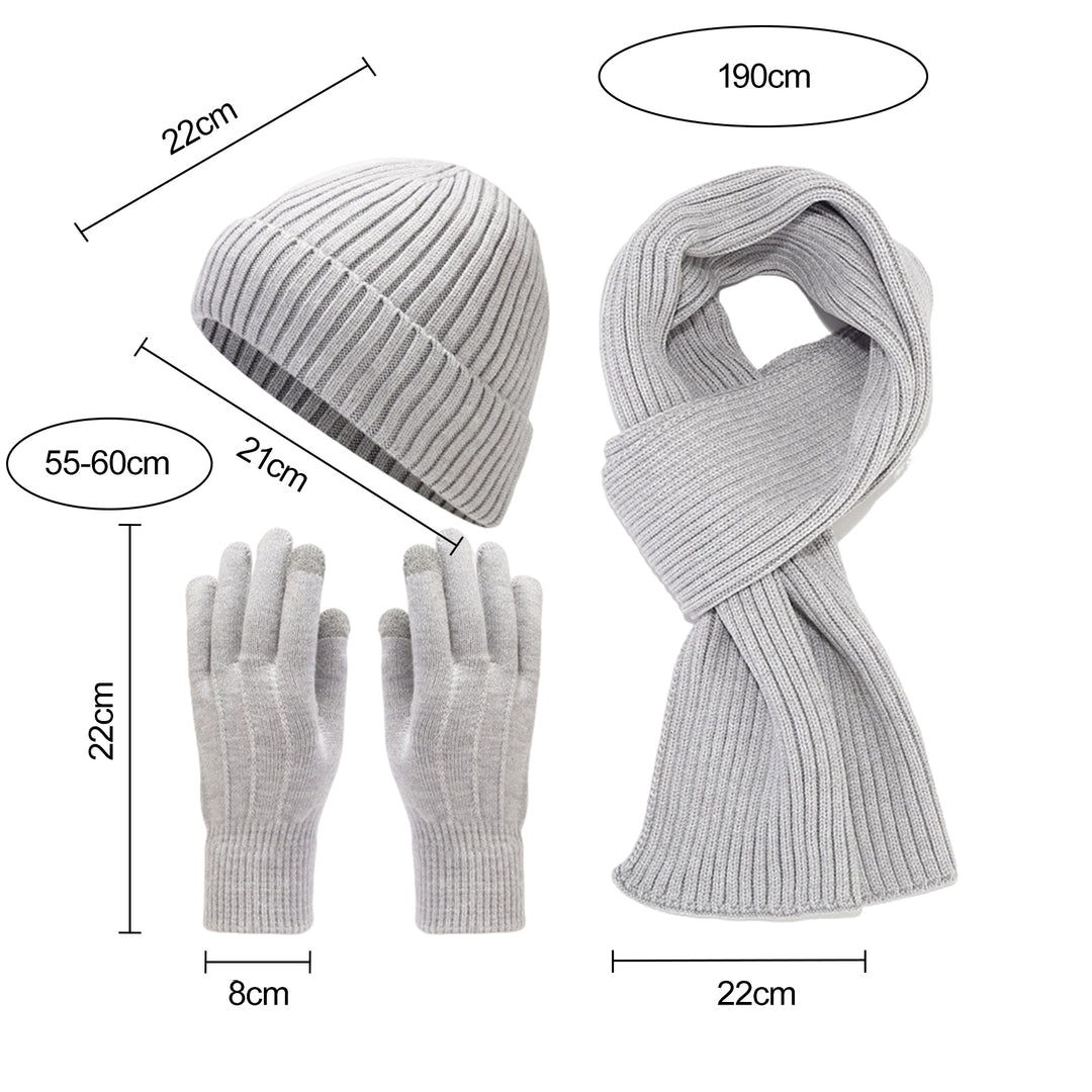 3Pcs/Set Unisex Winter Beanie Hat Long Scarf Touch Screen Gloves Set Solid Color Ribbed Texture Warm Knit Scarf Mittens Image 11