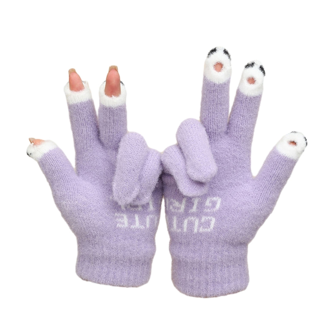 1 Pair Warm Plush Gloves Cutout Finger Tips Thick Plush Funny Cartoon Face Knitted Soft Elastic Anti-slip Warm Touch Image 3