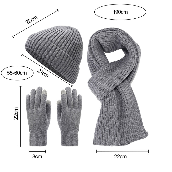 3Pcs/Set Unisex Winter Beanie Hat Long Scarf Touch Screen Gloves Set Solid Color Ribbed Texture Warm Knit Scarf Mittens Image 12