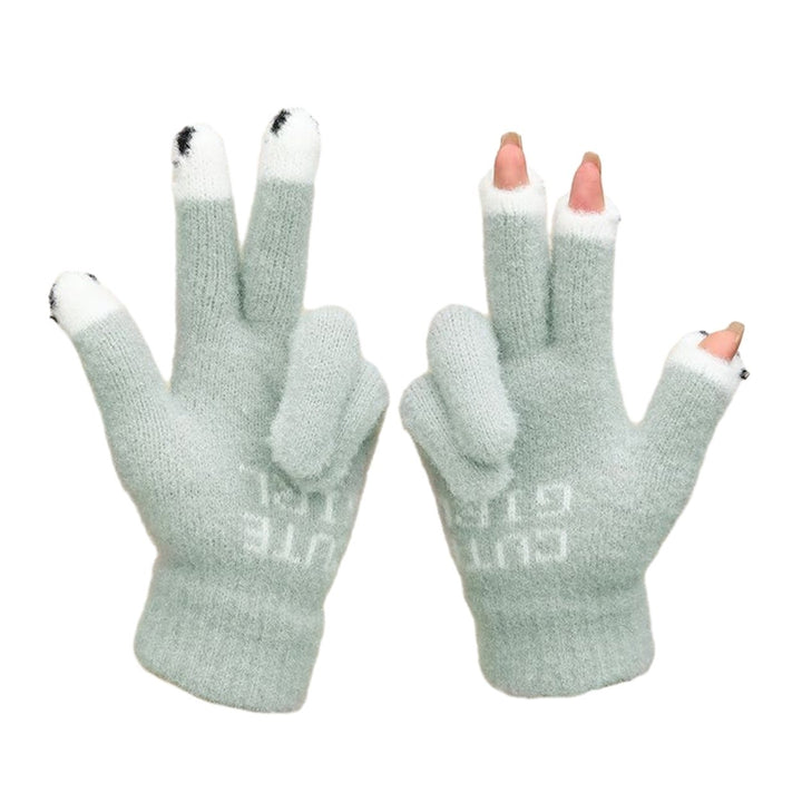 1 Pair Warm Plush Gloves Cutout Finger Tips Thick Plush Funny Cartoon Face Knitted Soft Elastic Anti-slip Warm Touch Image 1