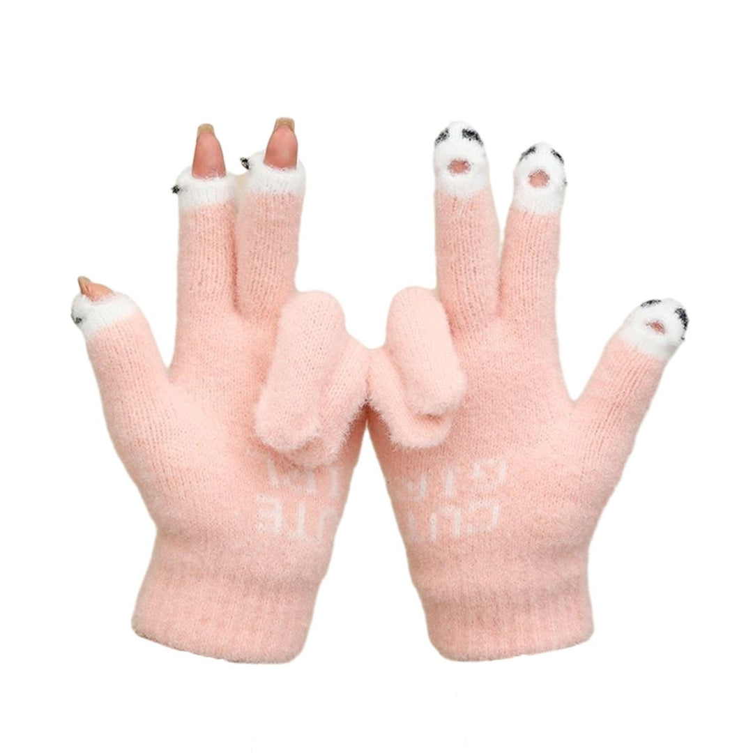 1 Pair Warm Plush Gloves Cutout Finger Tips Thick Plush Funny Cartoon Face Knitted Soft Elastic Anti-slip Warm Touch Image 1