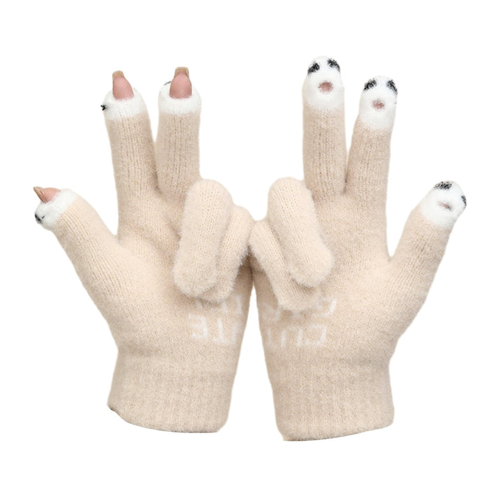 1 Pair Warm Plush Gloves Cutout Finger Tips Thick Plush Funny Cartoon Face Knitted Soft Elastic Anti-slip Warm Touch Image 6