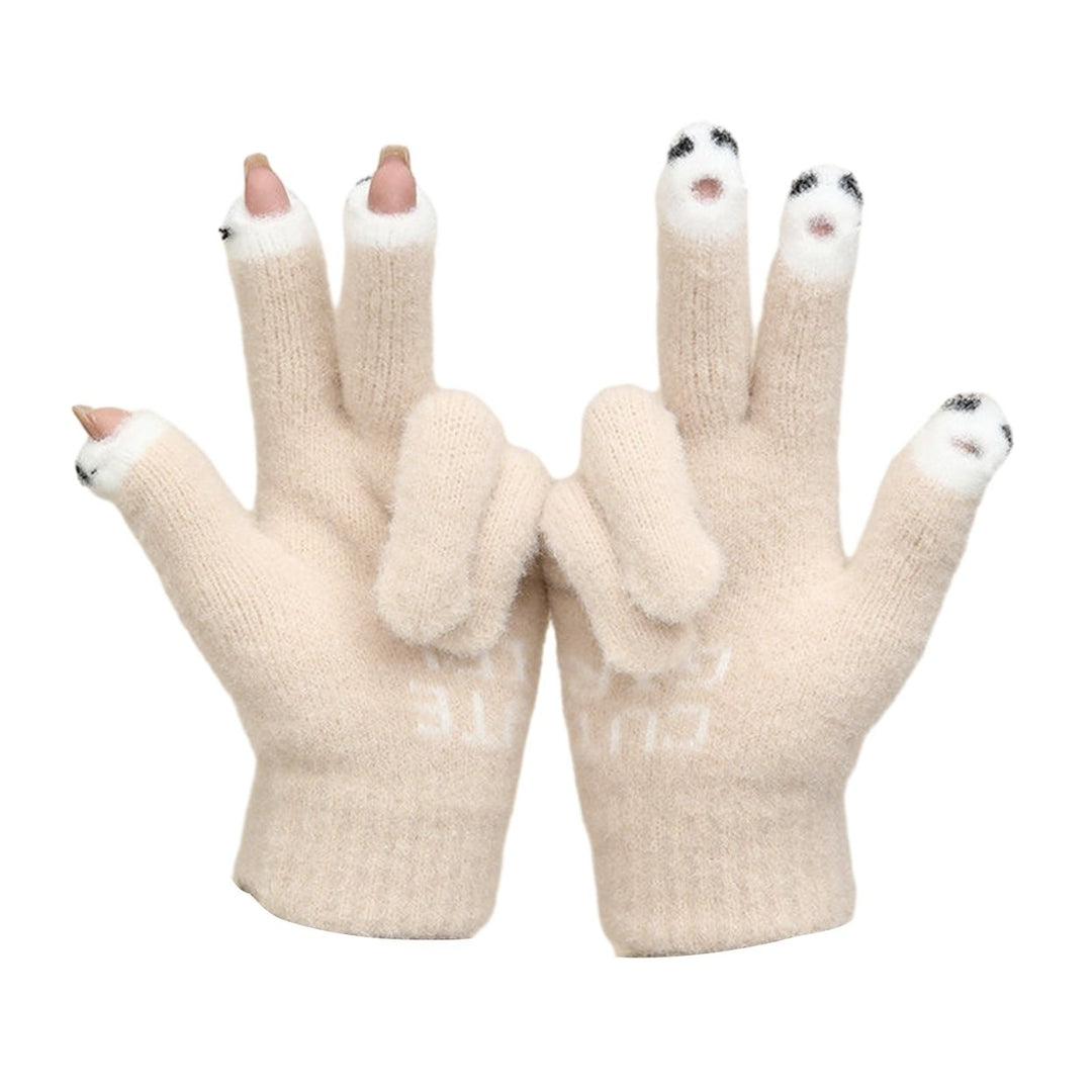 1 Pair Warm Plush Gloves Cutout Finger Tips Thick Plush Funny Cartoon Face Knitted Soft Elastic Anti-slip Warm Touch Image 1