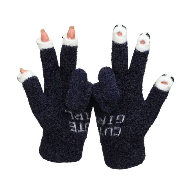 1 Pair Warm Plush Gloves Cutout Finger Tips Thick Plush Funny Cartoon Face Knitted Soft Elastic Anti-slip Warm Touch Image 1