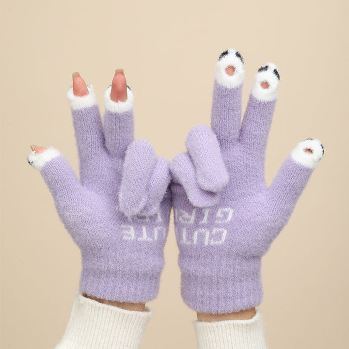 1 Pair Warm Plush Gloves Cutout Finger Tips Thick Plush Funny Cartoon Face Knitted Soft Elastic Anti-slip Warm Touch Image 10