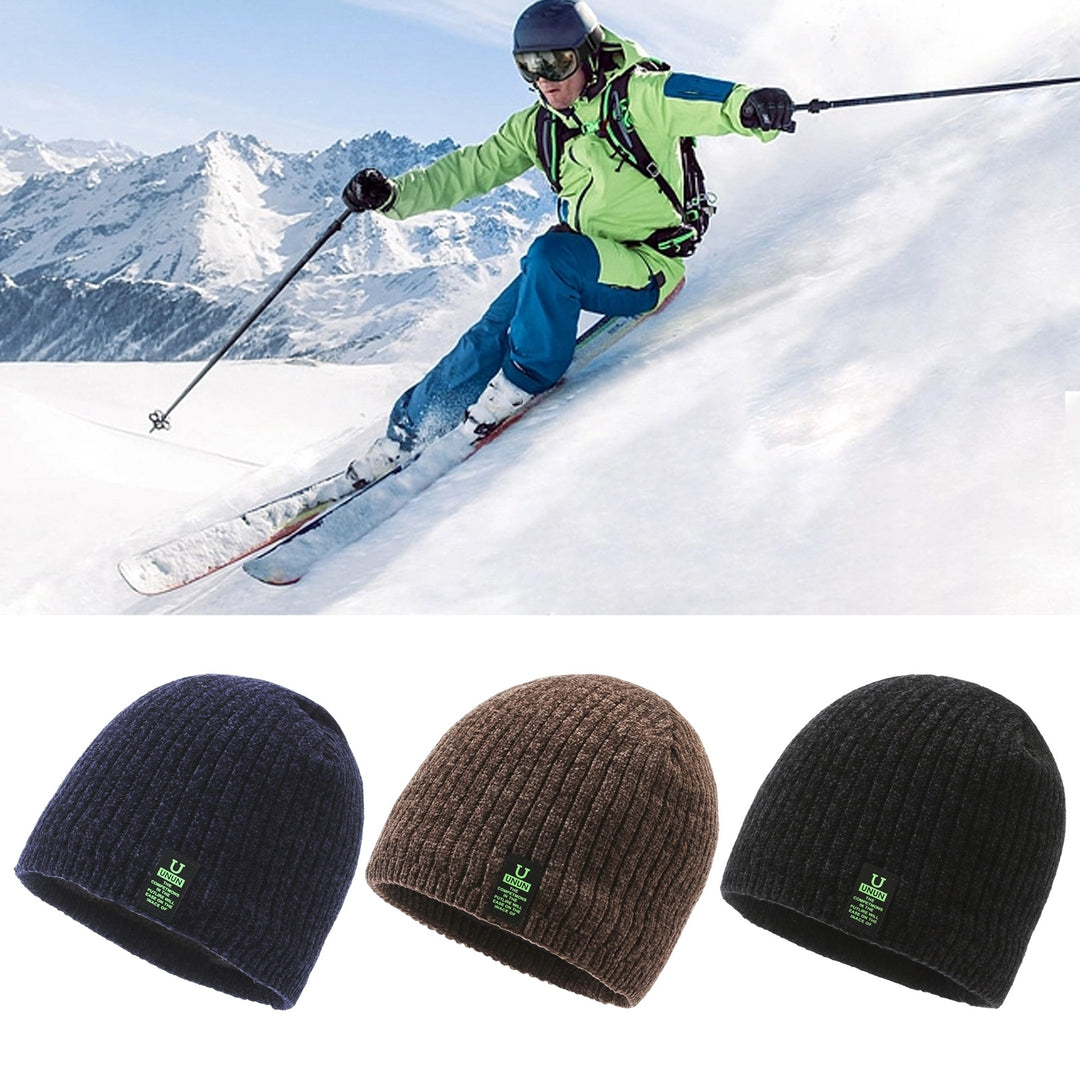 Men Autumn Winter Solid Color Knitting Hat Thickened Fleece Lining Beanie Hat Ear Protection Warm Windproof Hat Image 7