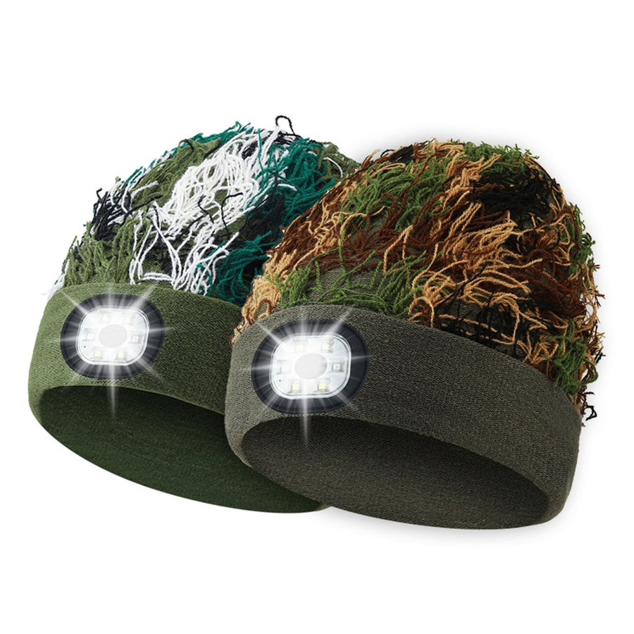 Unisex Camouflage Print Plush LED Light Hat Knitting Beanie Hat Winter Outdoor Ridding Night Running Warning Light Hat Image 1