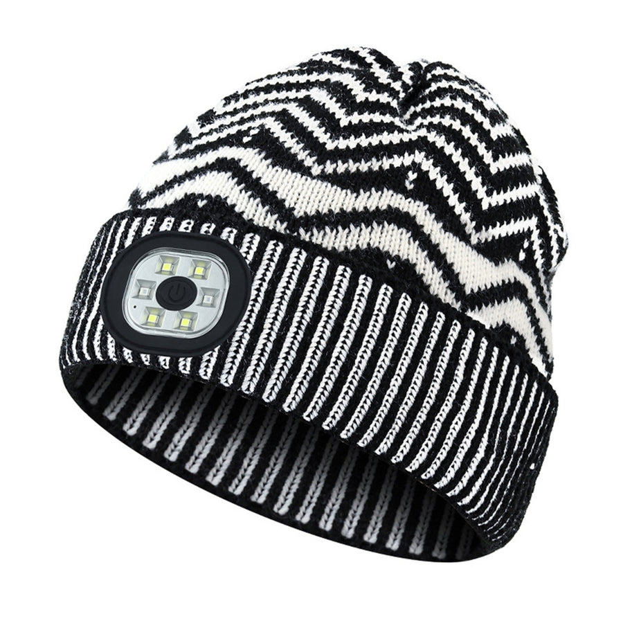 Unisex Striped Print LED Light Hat Knitting Beanie Hat Winter Outdoor Ridding Night Running Warning Light Hat Streetwear Image 1