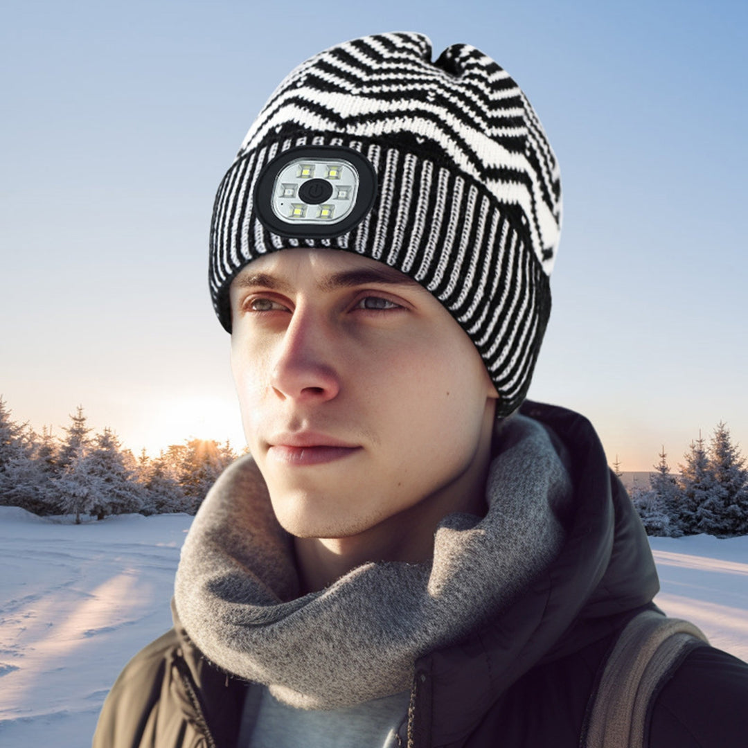 Unisex Striped Print LED Light Hat Knitting Beanie Hat Winter Outdoor Ridding Night Running Warning Light Hat Streetwear Image 3