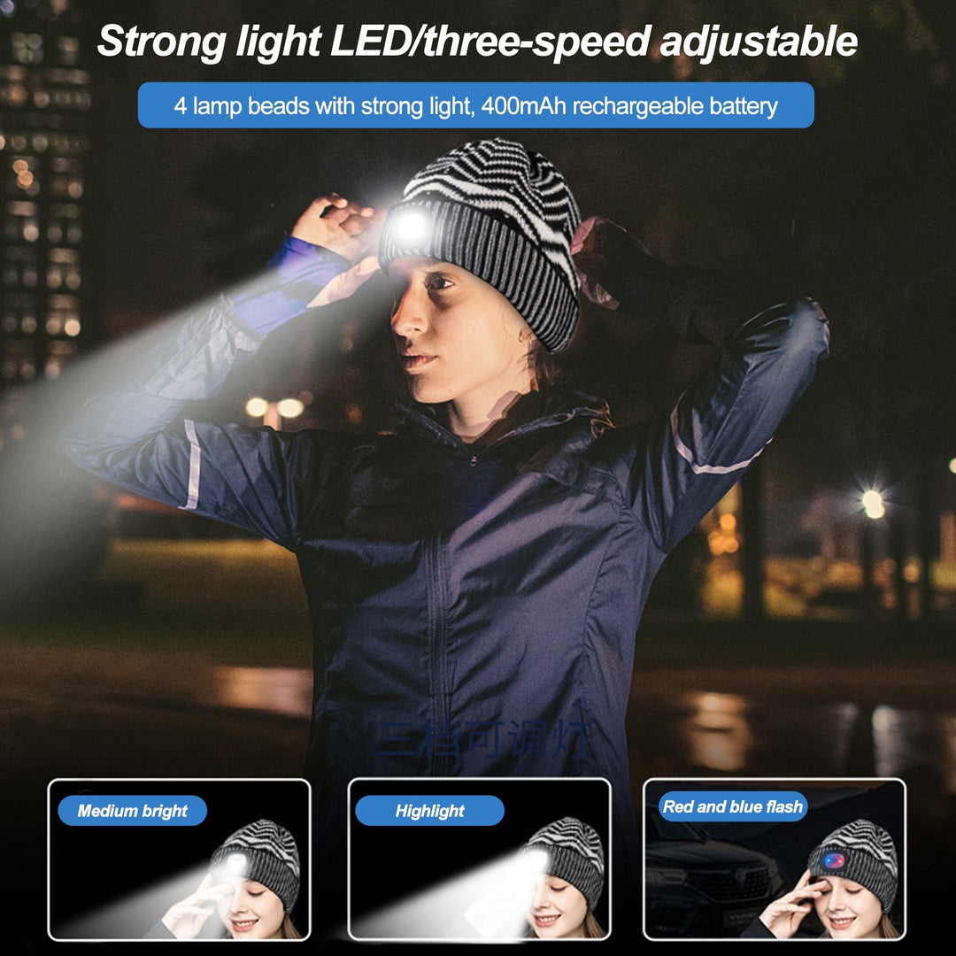 Unisex Striped Print LED Light Hat Knitting Beanie Hat Winter Outdoor Ridding Night Running Warning Light Hat Streetwear Image 4