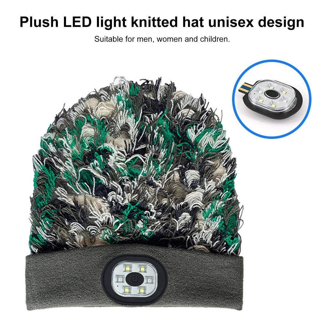 Unisex Camouflage Print Plush LED Light Hat Knitting Beanie Hat Winter Outdoor Ridding Night Running Warning Light Hat Image 4