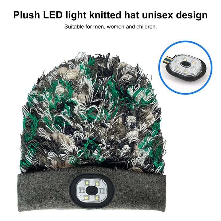 Unisex Camouflage Print Plush LED Light Hat Knitting Beanie Hat Winter Outdoor Ridding Night Running Warning Light Hat Image 4