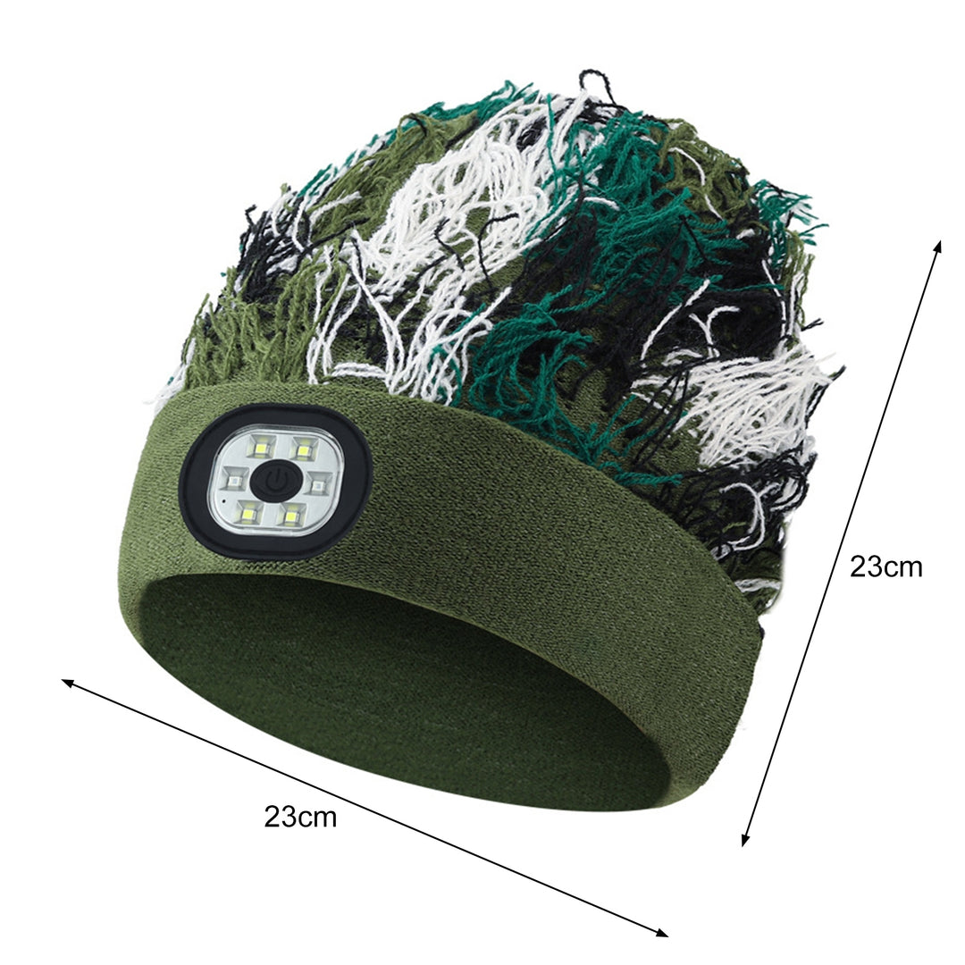 Unisex Camouflage Print Plush LED Light Hat Knitting Beanie Hat Winter Outdoor Ridding Night Running Warning Light Hat Image 7