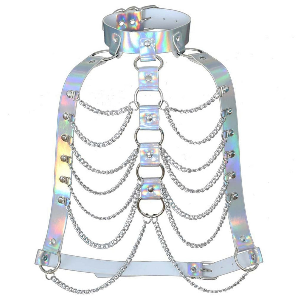 Holographic Faux Leather Body Chain Punk Women Waist Chest Chain Harness Top Body Jewelry Festival Outfit Image 2