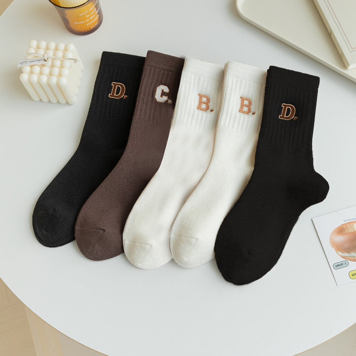 1 Pair Women Socks Letter Embroidery Mid-tube Thick Soft Warm Sweat Absorption No Odor Anti-slip Elastic Casual Floor Image 8