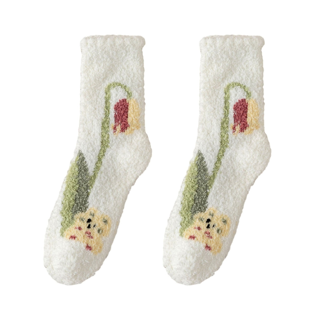 1 Pair Women Socks Tulip Print Mid-tube Thick Coral Fleece Soft Warm Sweat Absorption No Odor Anti-slip Elastic Casual Image 2