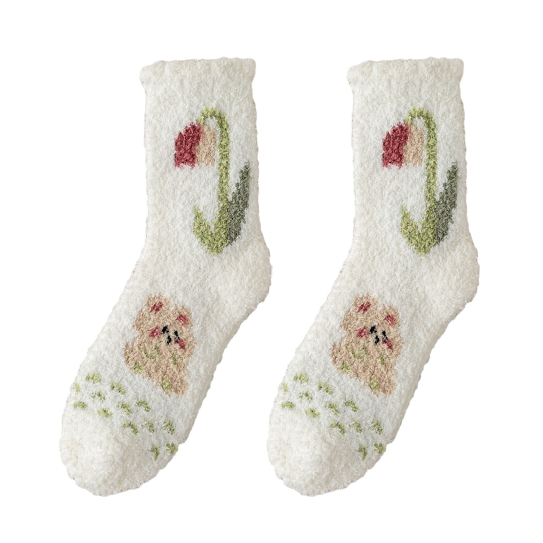1 Pair Women Socks Tulip Print Mid-tube Thick Coral Fleece Soft Warm Sweat Absorption No Odor Anti-slip Elastic Casual Image 3