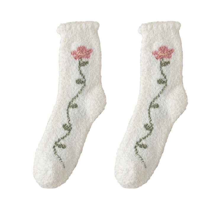 1 Pair Women Socks Tulip Print Mid-tube Thick Coral Fleece Soft Warm Sweat Absorption No Odor Anti-slip Elastic Casual Image 4