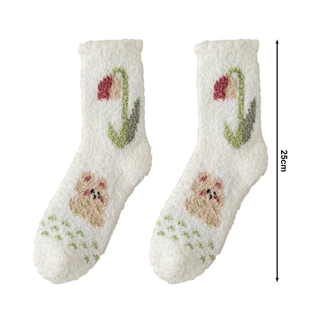 1 Pair Women Socks Tulip Print Mid-tube Thick Coral Fleece Soft Warm Sweat Absorption No Odor Anti-slip Elastic Casual Image 8