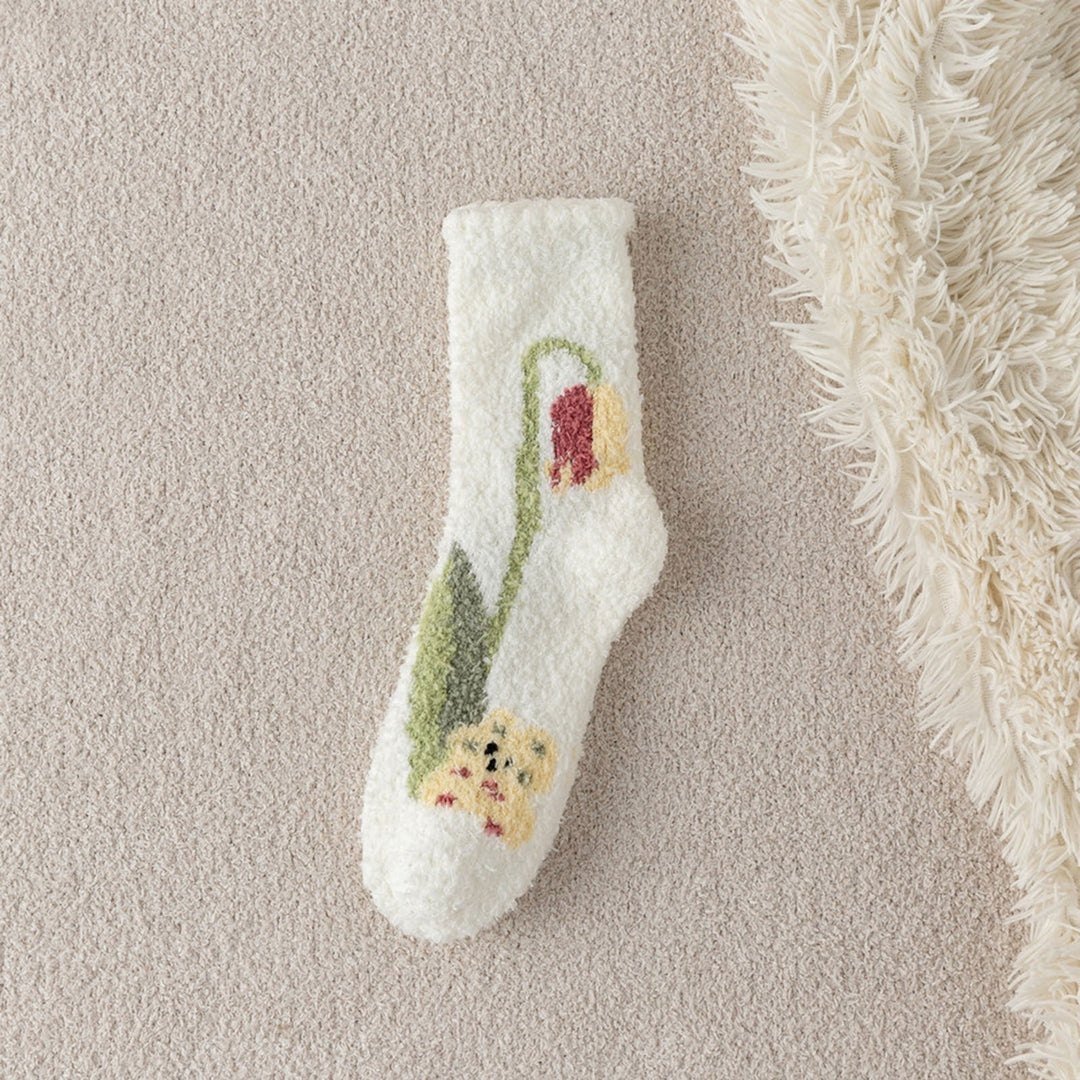 1 Pair Women Socks Tulip Print Mid-tube Thick Coral Fleece Soft Warm Sweat Absorption No Odor Anti-slip Elastic Casual Image 10
