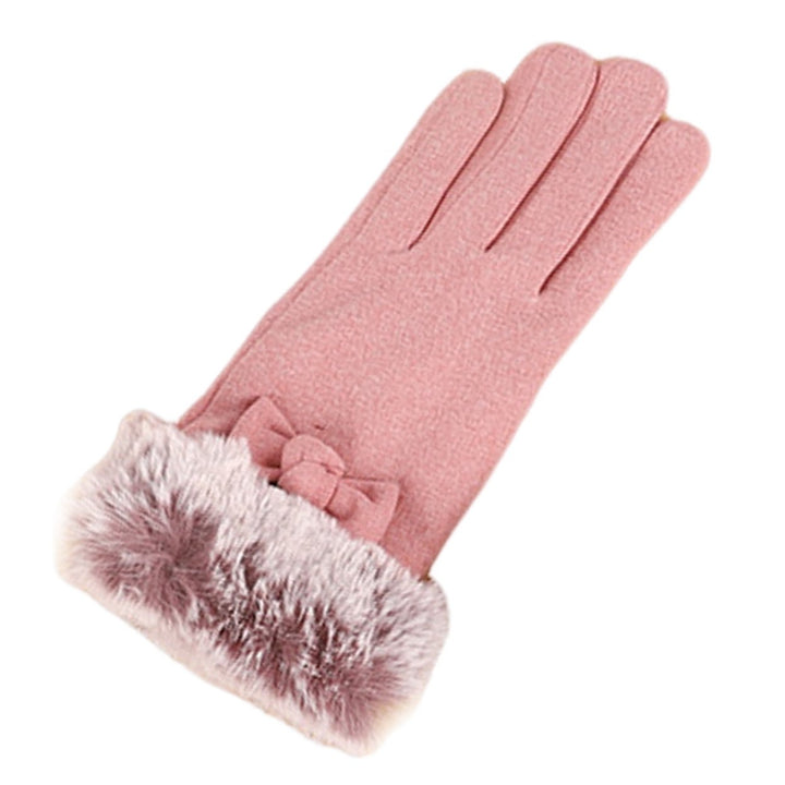 1 Pair Ladies Gloves Faux faux Bow Decor Five Fingers Solid Color Touch Screen Thick Windproof Warm Soft Anti-slip Lady Image 1