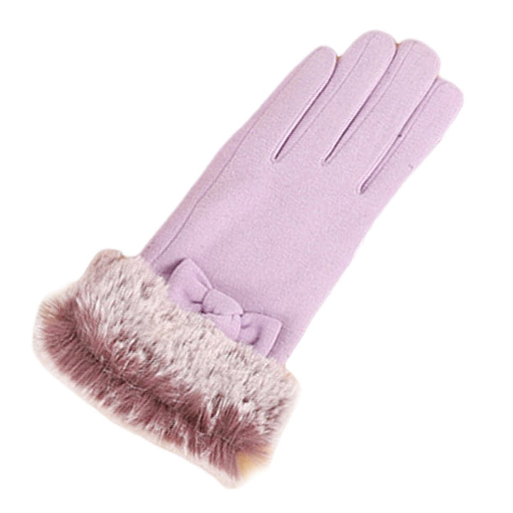 1 Pair Ladies Gloves Faux faux Bow Decor Five Fingers Solid Color Touch Screen Thick Windproof Warm Soft Anti-slip Lady Image 1