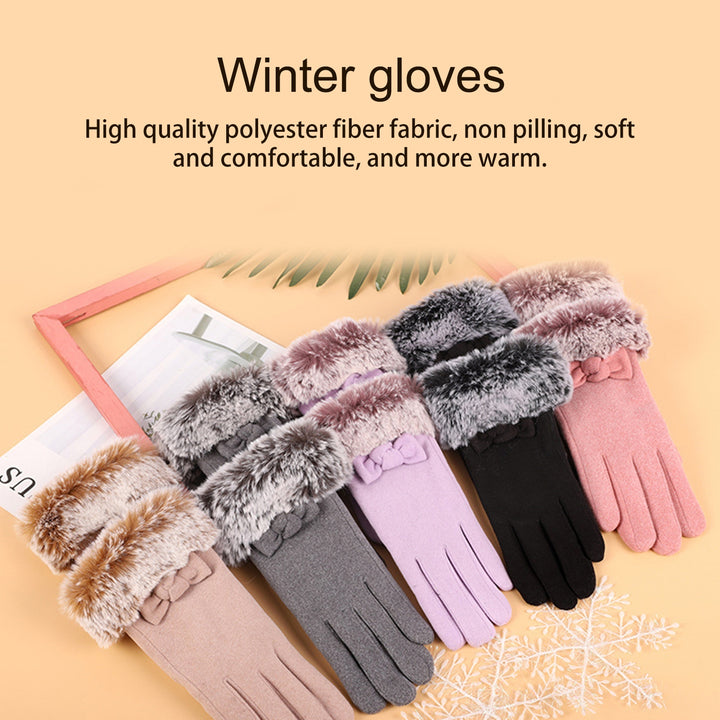 1 Pair Ladies Gloves Faux faux Bow Decor Five Fingers Solid Color Touch Screen Thick Windproof Warm Soft Anti-slip Lady Image 7