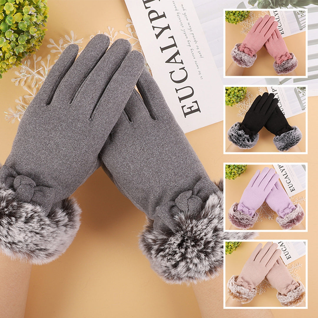 1 Pair Ladies Gloves Faux faux Bow Decor Five Fingers Solid Color Touch Screen Thick Windproof Warm Soft Anti-slip Lady Image 8