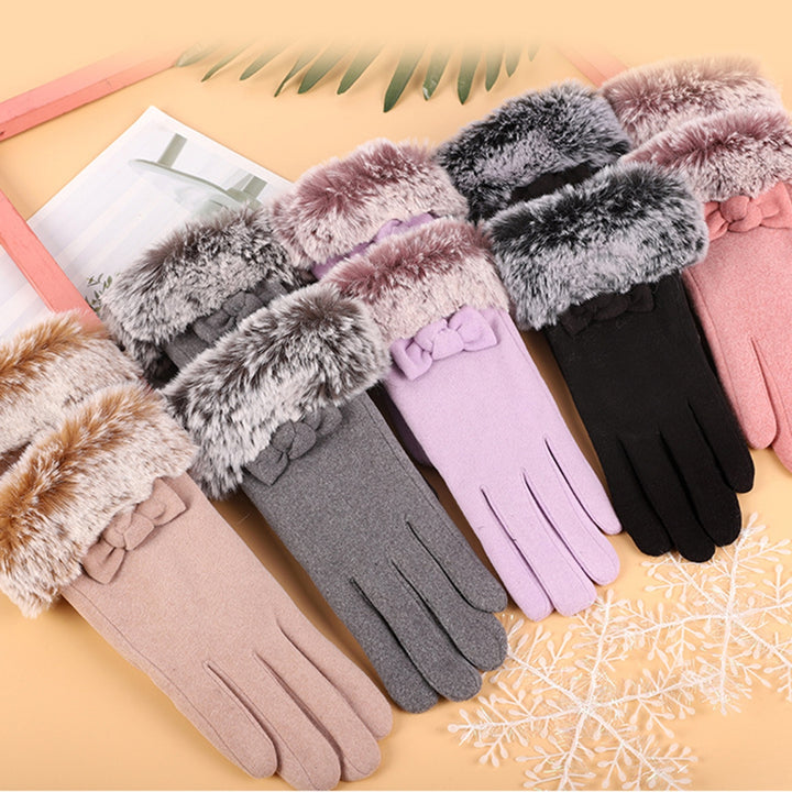 1 Pair Ladies Gloves Faux faux Bow Decor Five Fingers Solid Color Touch Screen Thick Windproof Warm Soft Anti-slip Lady Image 11
