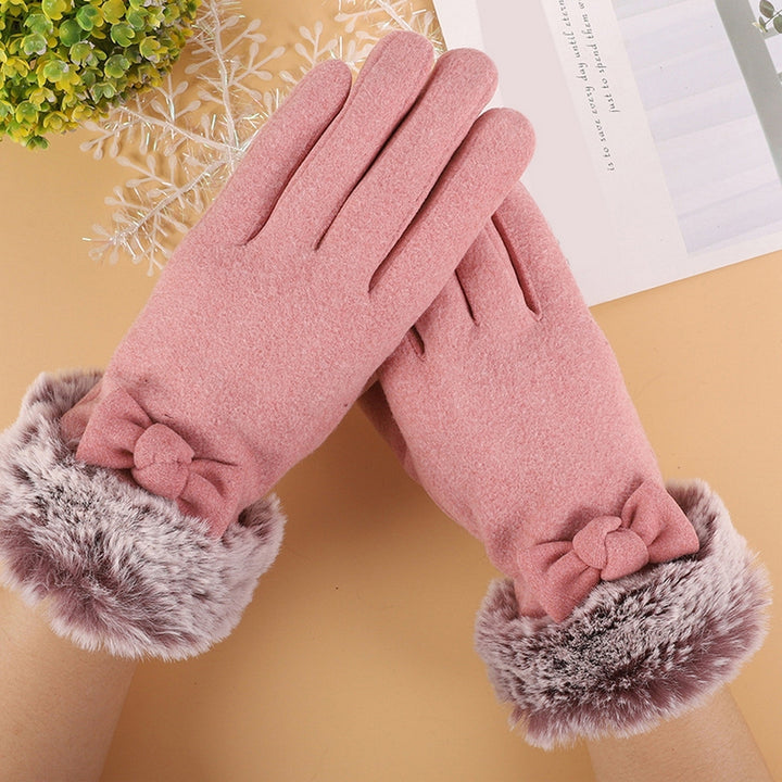 1 Pair Ladies Gloves Faux faux Bow Decor Five Fingers Solid Color Touch Screen Thick Windproof Warm Soft Anti-slip Lady Image 12