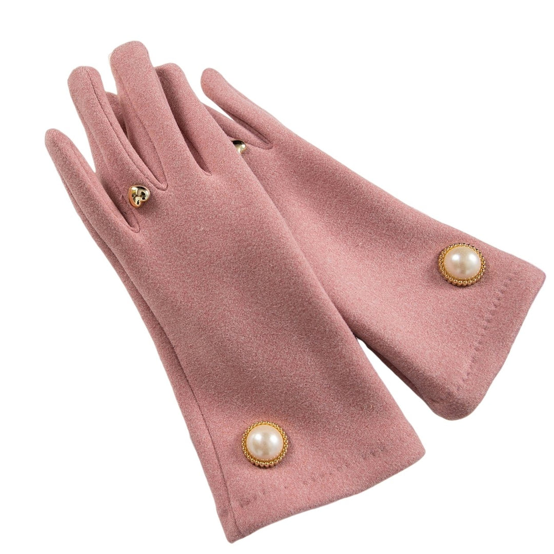 1 Pair Winter Women Gloves 2 Fingers Touchscreen Elegant Faux Pearl Button Windproof Thickened Warm Ladies Motorcycle Image 1