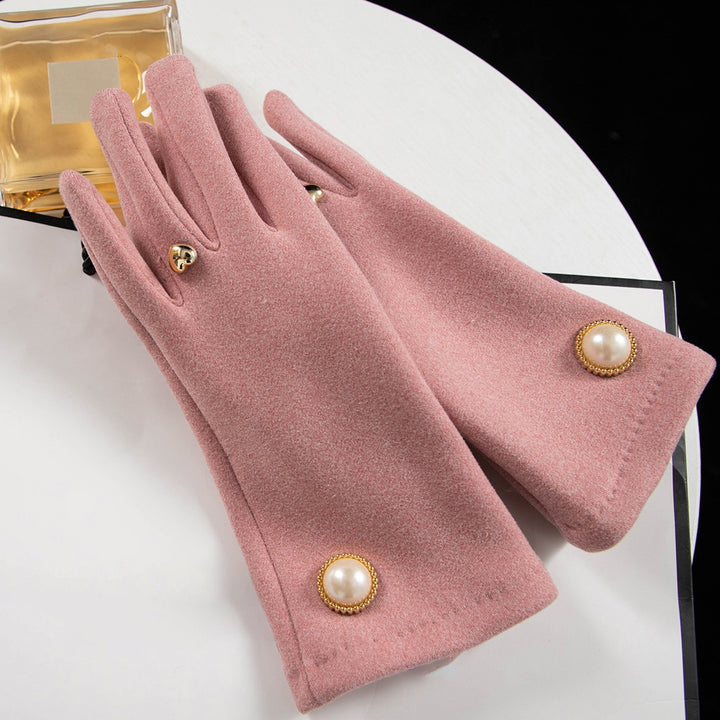 1 Pair Winter Women Gloves 2 Fingers Touchscreen Elegant Faux Pearl Button Windproof Thickened Warm Ladies Motorcycle Image 4