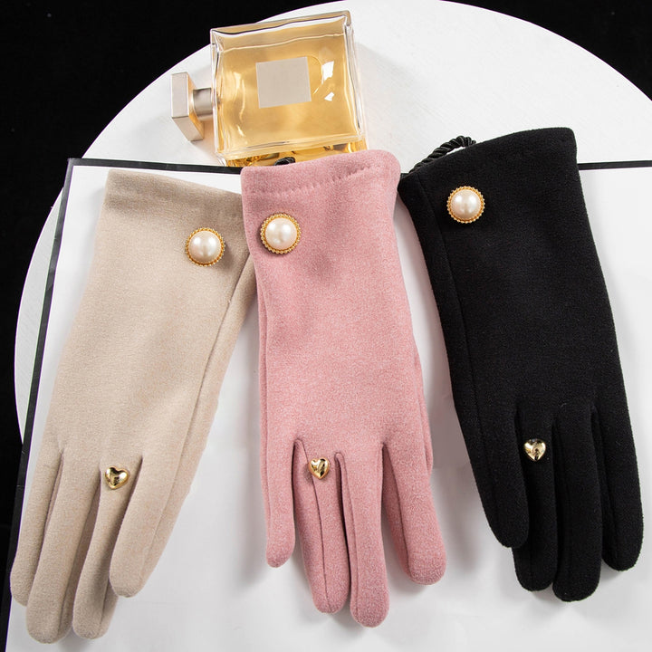 1 Pair Winter Women Gloves 2 Fingers Touchscreen Elegant Faux Pearl Button Windproof Thickened Warm Ladies Motorcycle Image 6