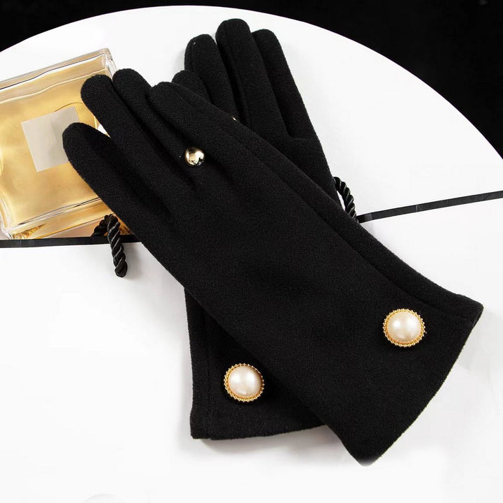 1 Pair Winter Women Gloves 2 Fingers Touchscreen Elegant Faux Pearl Button Windproof Thickened Warm Ladies Motorcycle Image 9