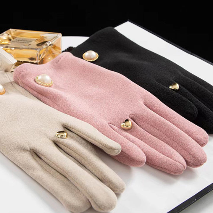 1 Pair Winter Women Gloves 2 Fingers Touchscreen Elegant Faux Pearl Button Windproof Thickened Warm Ladies Motorcycle Image 11