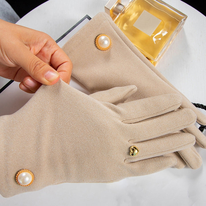 1 Pair Winter Women Gloves 2 Fingers Touchscreen Elegant Faux Pearl Button Windproof Thickened Warm Ladies Motorcycle Image 12
