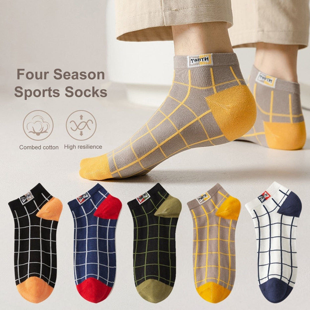 1 Pair Men Socks Contrast Color Low-cut Anti-slip Plaid Print Thick Warm High Elasticity No Odor Soft Four Season Sports Image 1