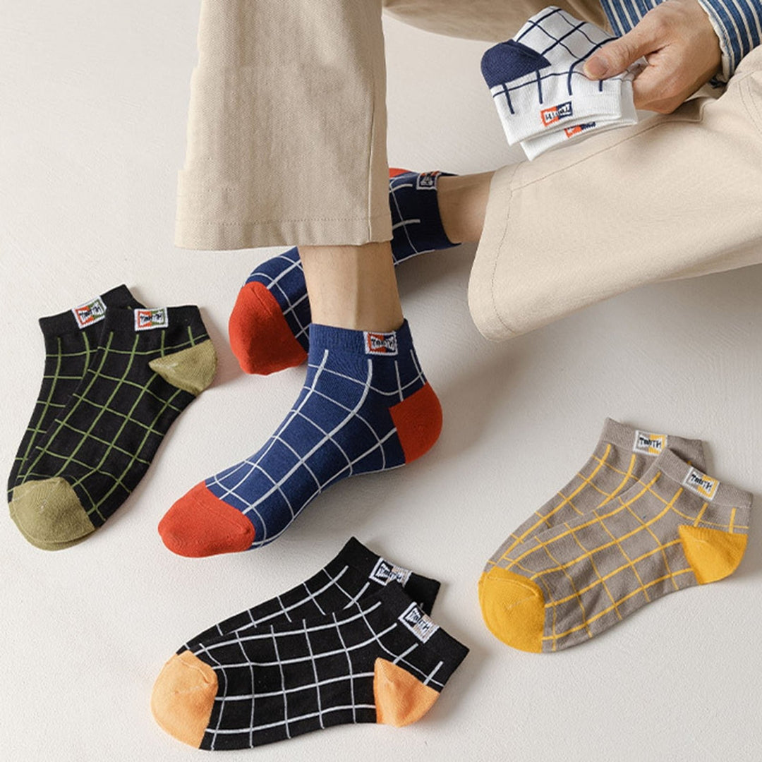 1 Pair Men Socks Contrast Color Low-cut Anti-slip Plaid Print Thick Warm High Elasticity No Odor Soft Four Season Sports Image 7