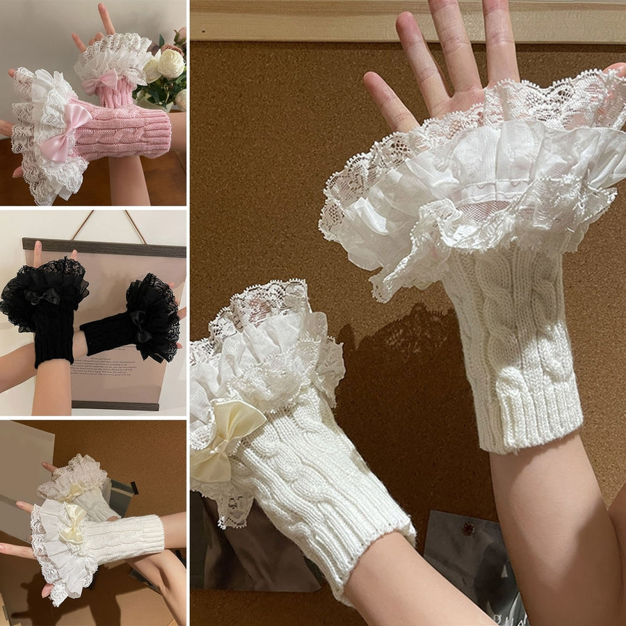 1 Pair Gloves Bow Decor Lace Knitted Ruffle Edge Twist Texture Elastic Soft Fingerless Fake Cuffs Image 1