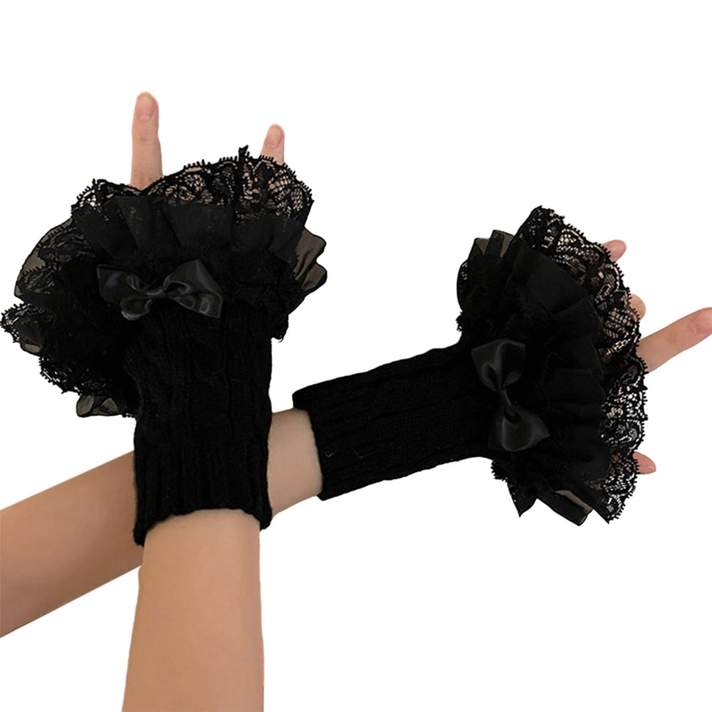 1 Pair Gloves Bow Decor Lace Knitted Ruffle Edge Twist Texture Elastic Soft Fingerless Fake Cuffs Image 2