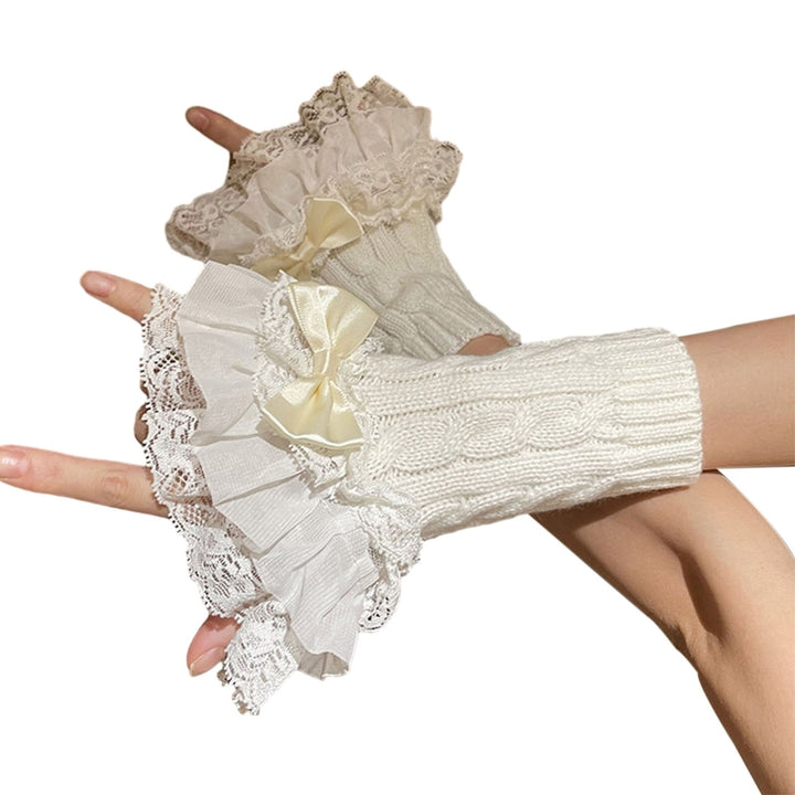 1 Pair Gloves Bow Decor Lace Knitted Ruffle Edge Twist Texture Elastic Soft Fingerless Fake Cuffs Image 3