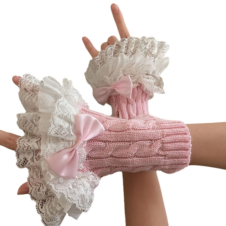 1 Pair Gloves Bow Decor Lace Knitted Ruffle Edge Twist Texture Elastic Soft Fingerless Fake Cuffs Image 4