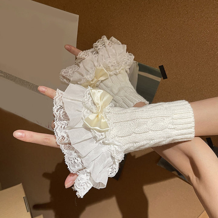 1 Pair Gloves Bow Decor Lace Knitted Ruffle Edge Twist Texture Elastic Soft Fingerless Fake Cuffs Image 6