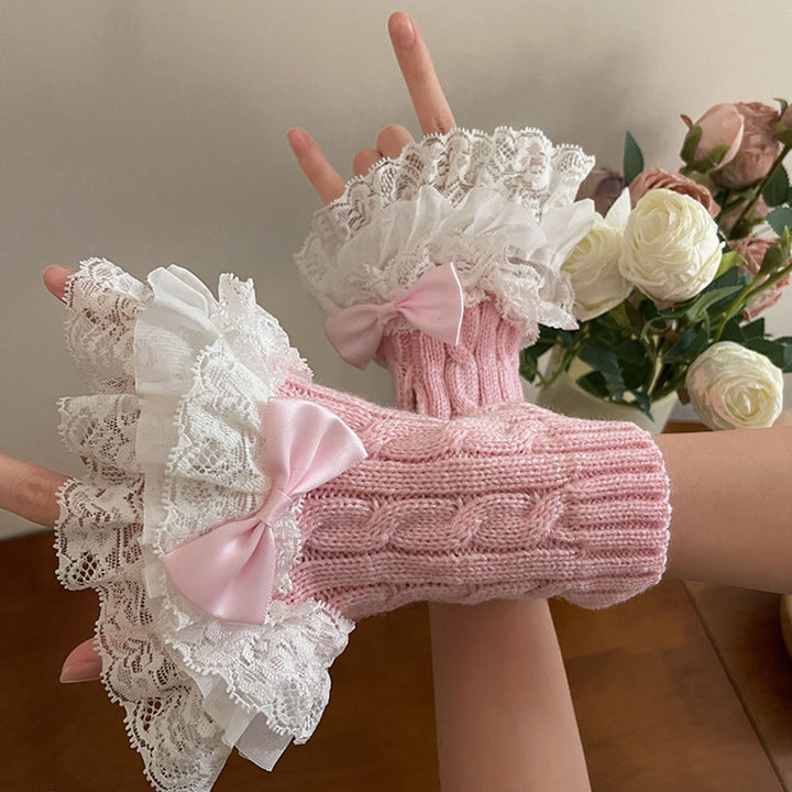 1 Pair Gloves Bow Decor Lace Knitted Ruffle Edge Twist Texture Elastic Soft Fingerless Fake Cuffs Image 9