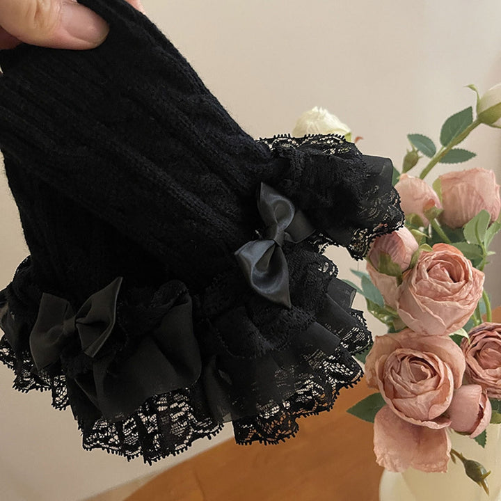 1 Pair Gloves Bow Decor Lace Knitted Ruffle Edge Twist Texture Elastic Soft Fingerless Fake Cuffs Image 11