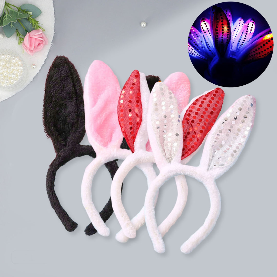 Women Hairband Bunny Ear Shape Soft Plush Sequin 3 Gears LED Light Elastic Anti-slip Easter Day Image 10