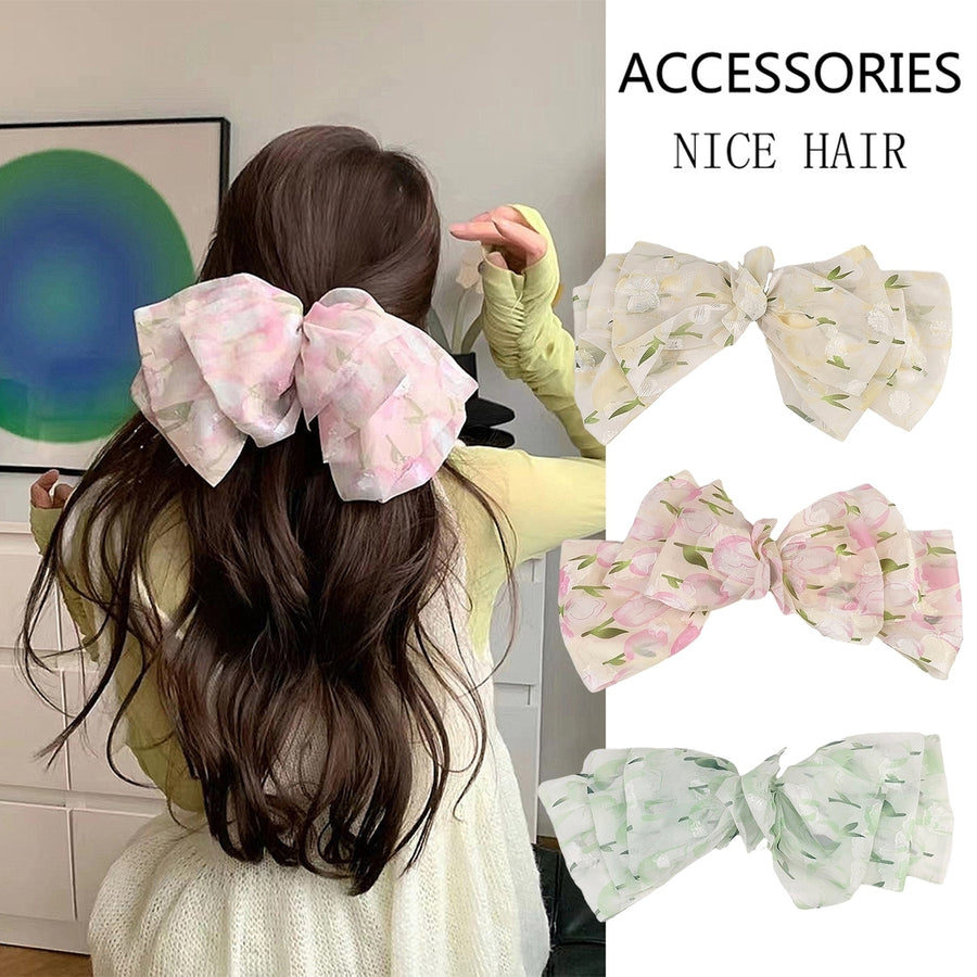 Women Hair Barrette Fabric Bow Floral Print Multi-layered Mesh Anti-slip Decorative Large Size Stainless Lady Girls Image 1